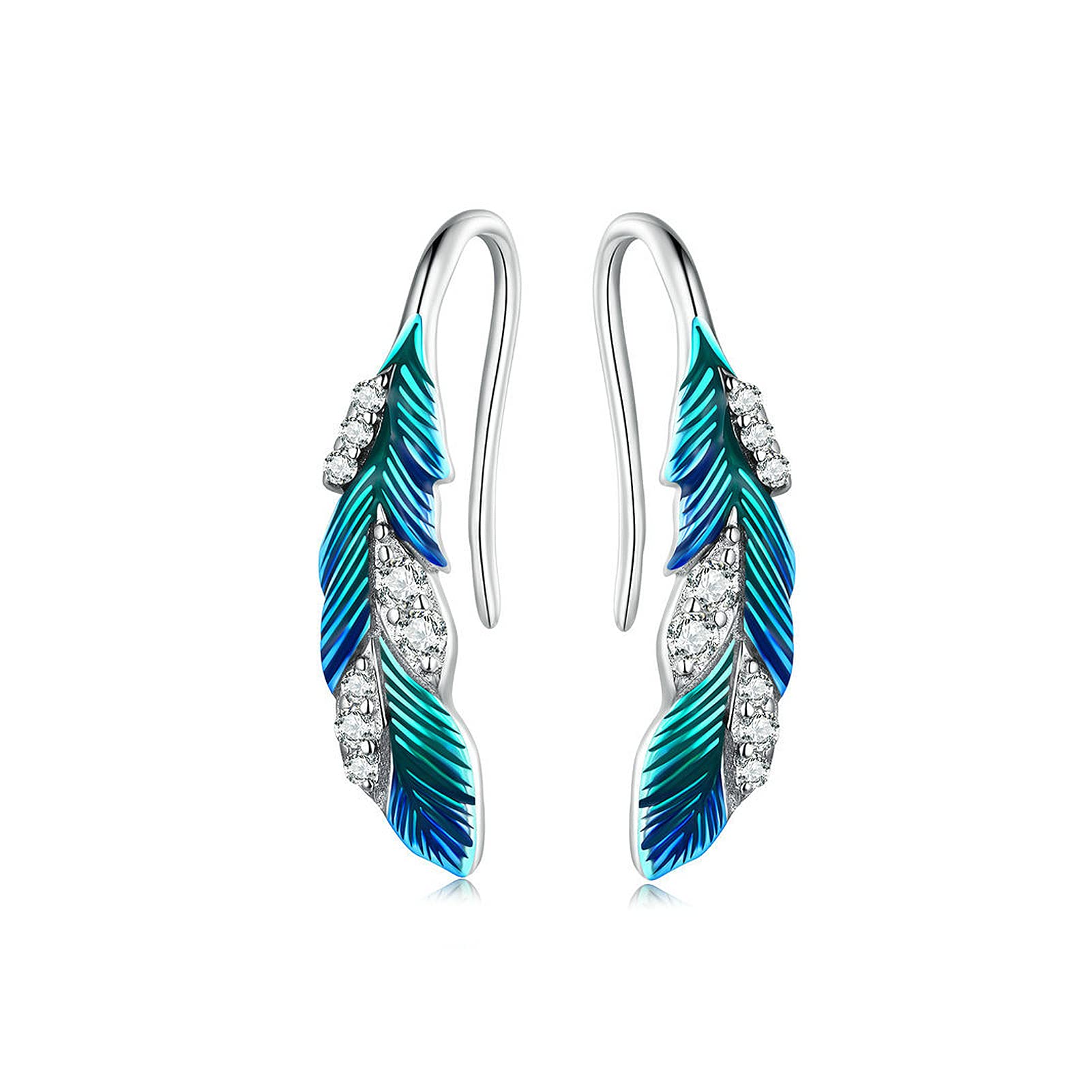 Juego de joyas de plata de ley 925 con diseño de plumas bohemias, esmalte azul, anillo de plumas y aretes de plumas para mujer