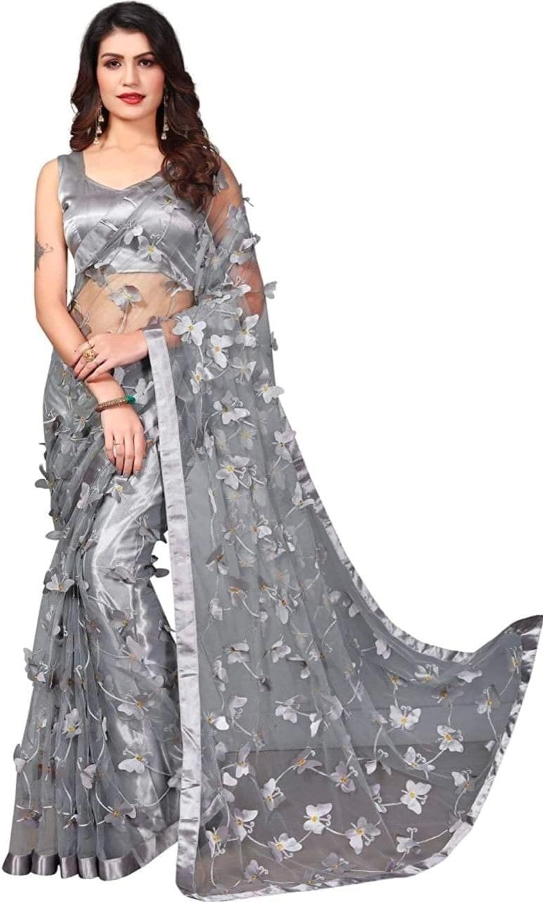 Avadh Creation Women's Butterfly Design Net Saree with Unstitched Blouse Piece
