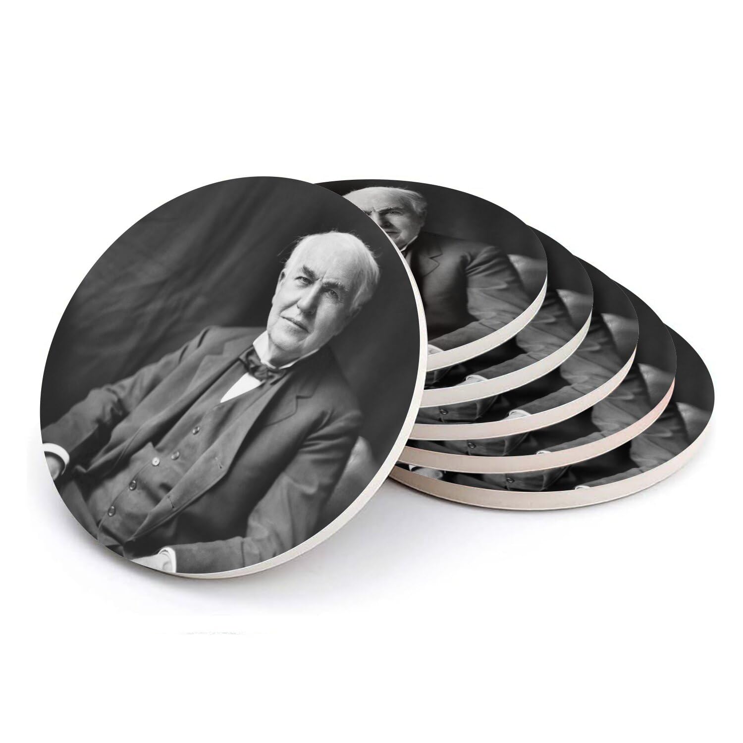 Sous verre ronds céramique Thomas Edison Lumiere Scientifique Portrait Noir et Blanc