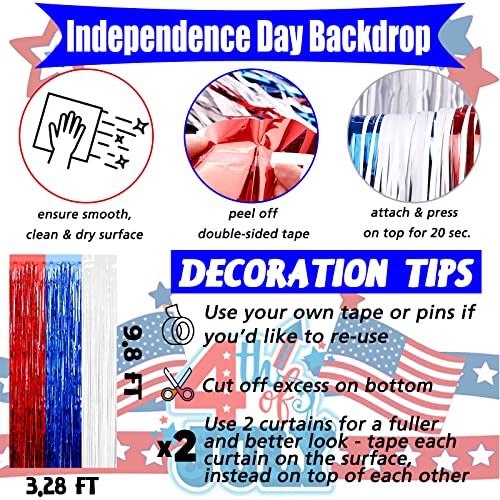 Image of 4 Pack 3.2Ft x 9.8Ft Independence Day Fringe Curtain Backdrop, Red Blue White Metallic Tinsel Foil Fringe Streamers Curtains Background for Photo Booth Birthday Wedding Carnival Party Decorations