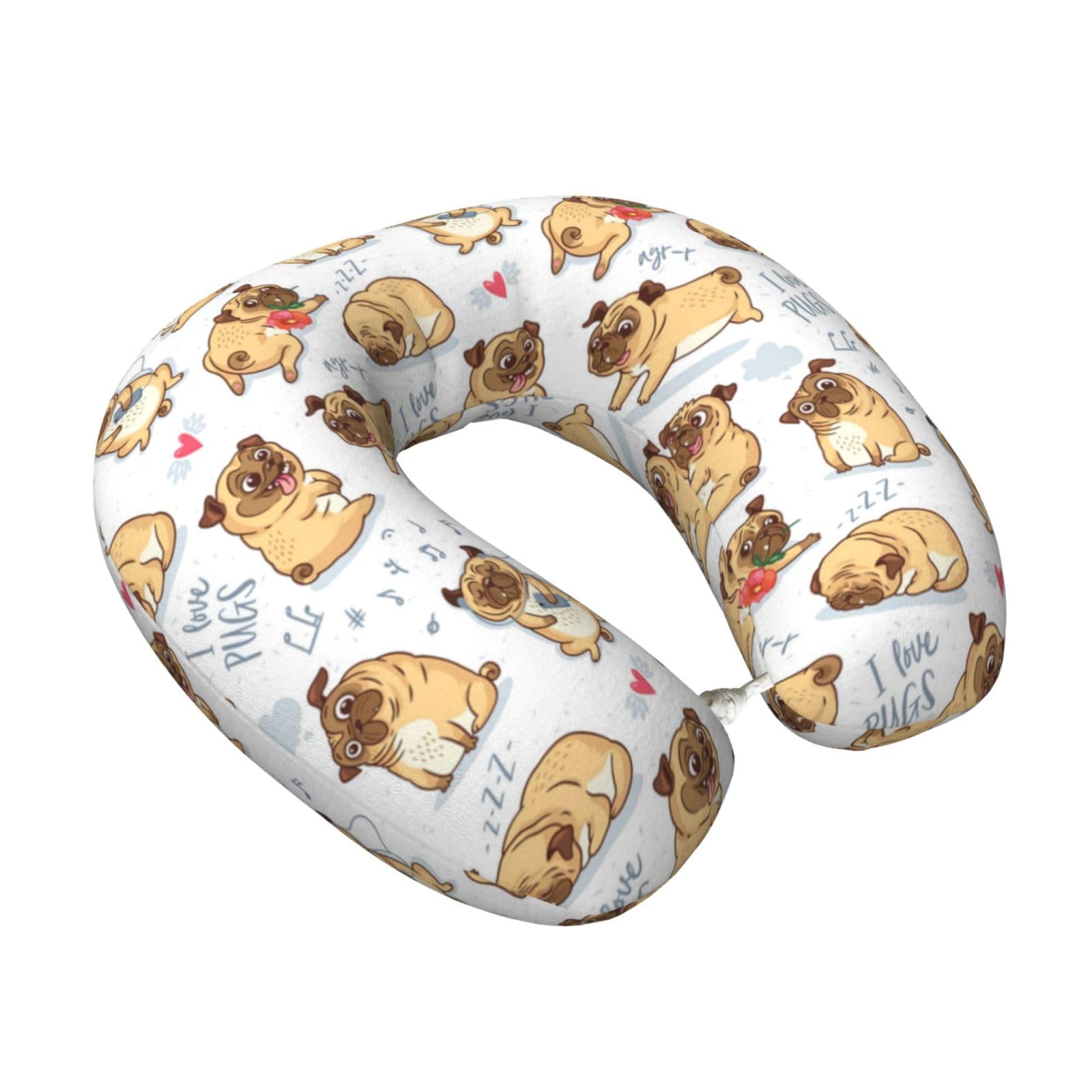LKYMOH Cute Funny Pug Pupies Seamless Pattern Background, Travel Neck Pillow U-Shaped Memory Neck Support Soft Comfortable With Washable Cover For Airplane Car Traveling and Office