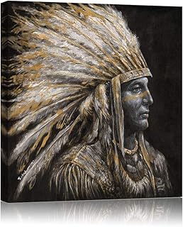 Indian Chief Head Canvas Wall Art Prints, Vintage Native American Man Feathered Portrait with Headdress Poster Decor Black...