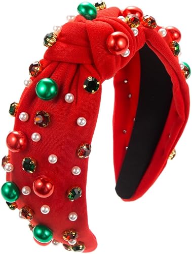 Christmas Headband for Women Pearl Knotted Headband Xmas Red Green Pearl Bow Reindeer Snowflake Rhinestone Crystal Jeweled Hairband Wide Top Knot Hair Bands (02.christmas red, 1 Count (Pack of 1))
