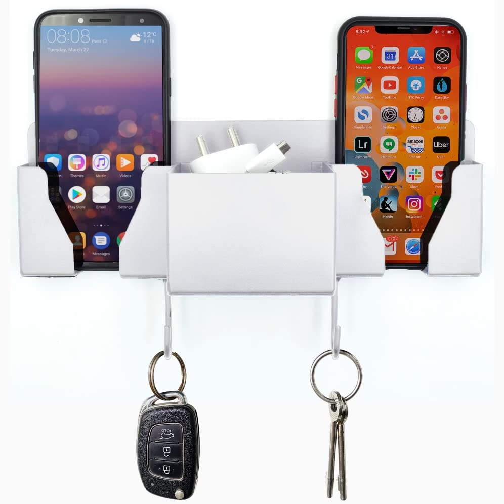 Crinds® Pure Metal Mobile Phone Stand for Wall, Multi-Purpose Wall Mount Mobile Cell Phone Holder, AC TV Remote Stand, Phone Charging Wall Stand - Indian (3 Pockets White)