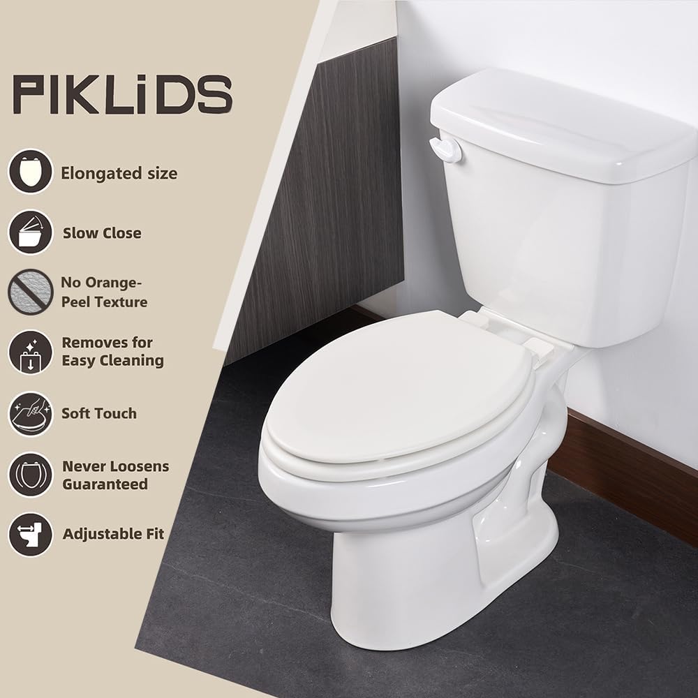 toilet seat, slow close, soft touch, ultra-smooth matte finish (no orange-peel texture), premium moulded wood, quick release, white, piklids (elongated)