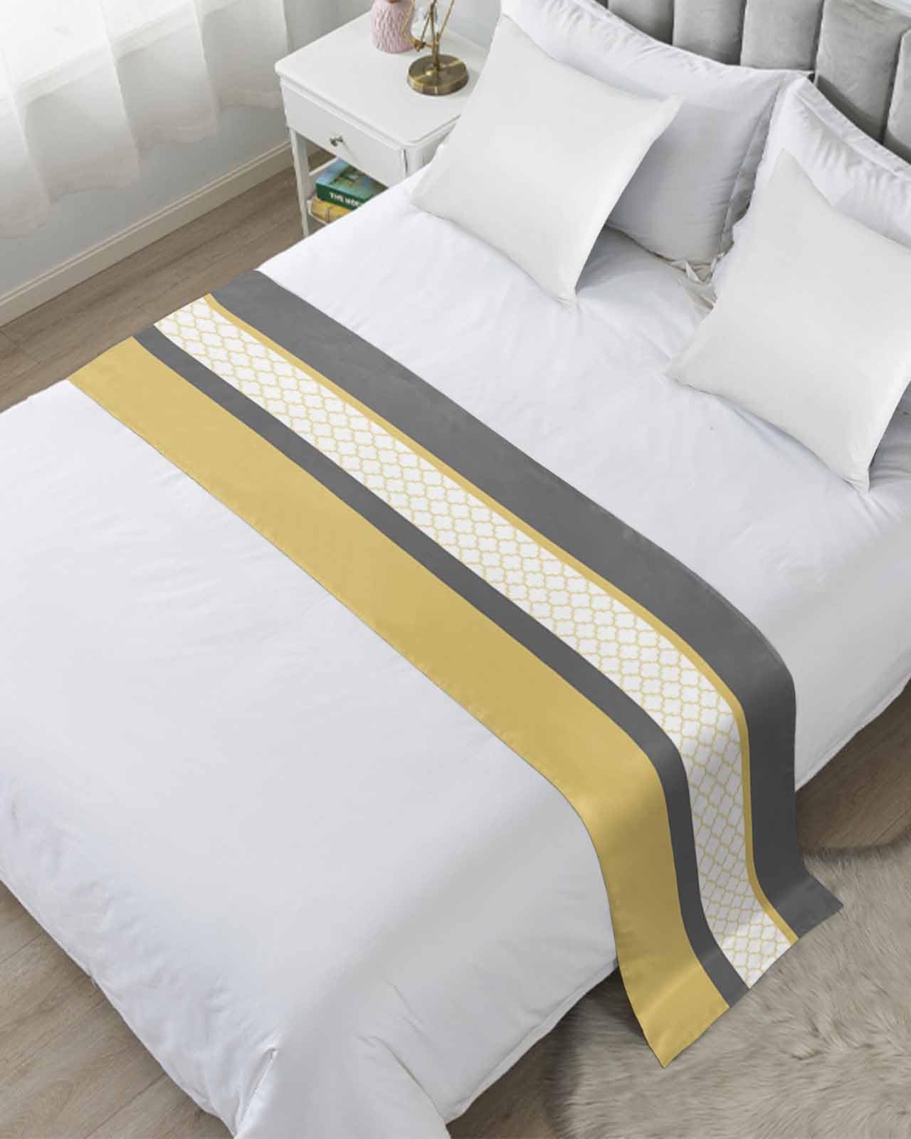 Twin Bed Runner Retro Morocco Geometric Pattern Bedding Runner Scarves Decorative Bed Scarf, Yellow Grey Stripes Soft Bedding Scarf for Bedroom Hotel Wedding 83x20in