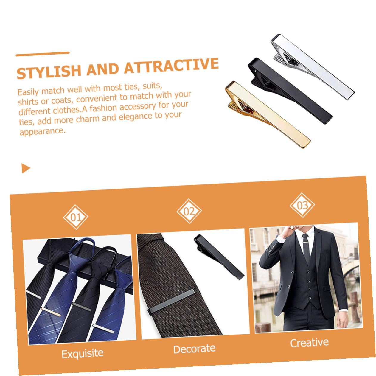 Abaodam Pinzas para Corbata de Hombre 3 Piezas, Clip Clásico para Traje de Negocios y Boda, Accesorio Plateado para Camisa, Barra de Corbata Elegante para Uso Diario y Eventos Formales