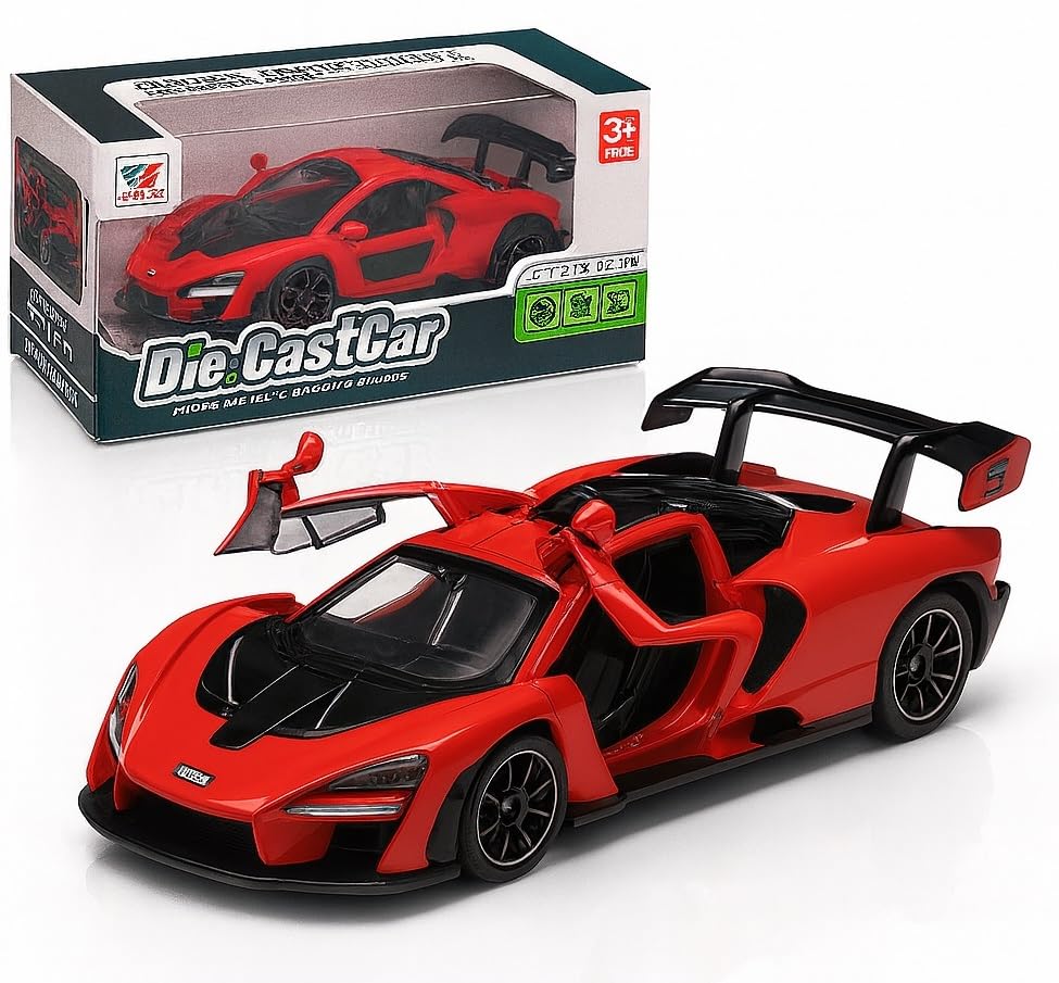 Image of 1:28 Scale McLaren Senna Car Toy Alloy Metal Die-Cast Supercar Model with Openable Doors, Lights & Sound, Pull-Back Sports Car Toy for Kids, Boys & Collectors - Gift Item (RED)