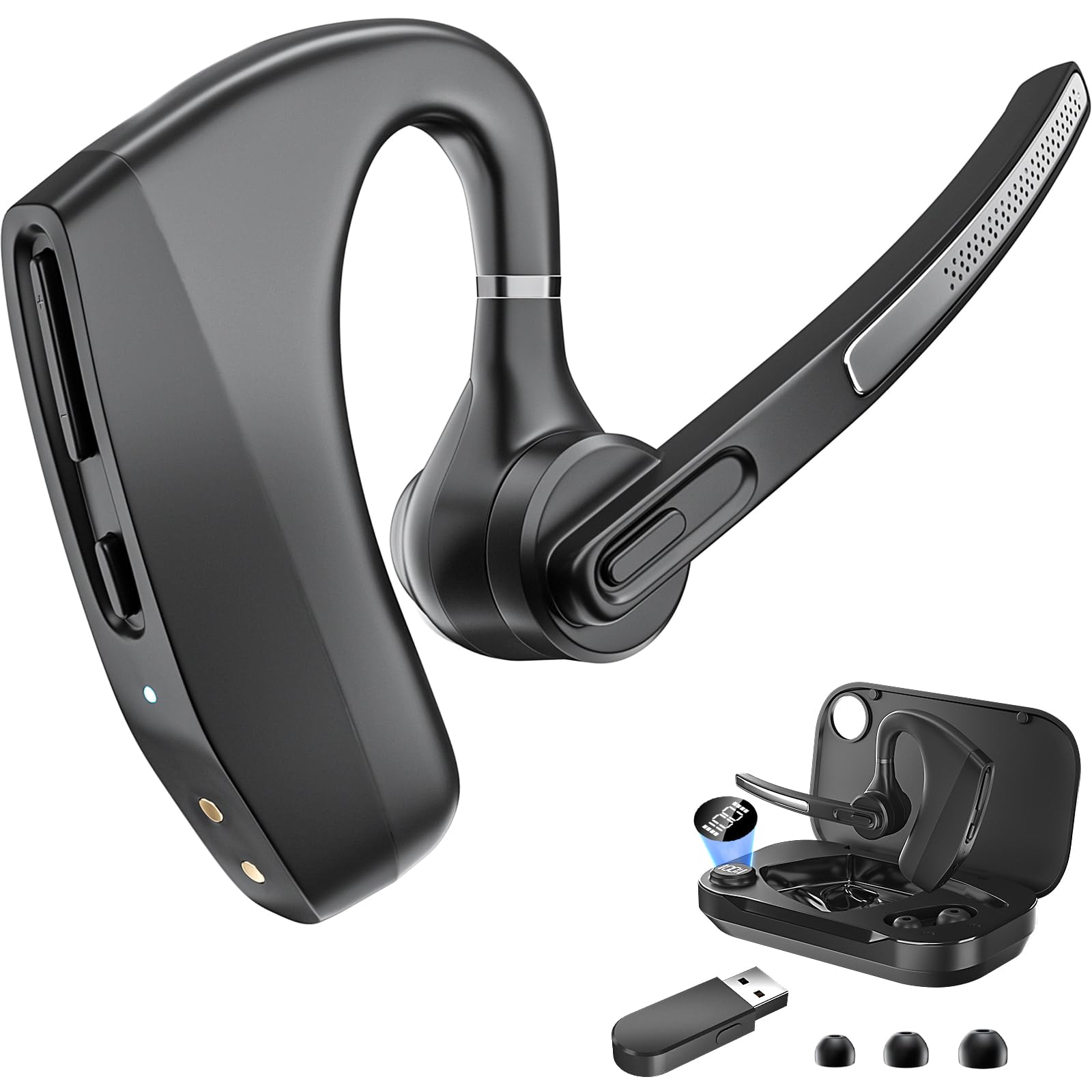 Bluetooth Headset Wireless Earpiece with 450mAh Charging Case USB Dongle Noise Canceling Mic for PC Computer, Laptop, Cell Phones, Remote Work, Call Center, Trucker Work, Business