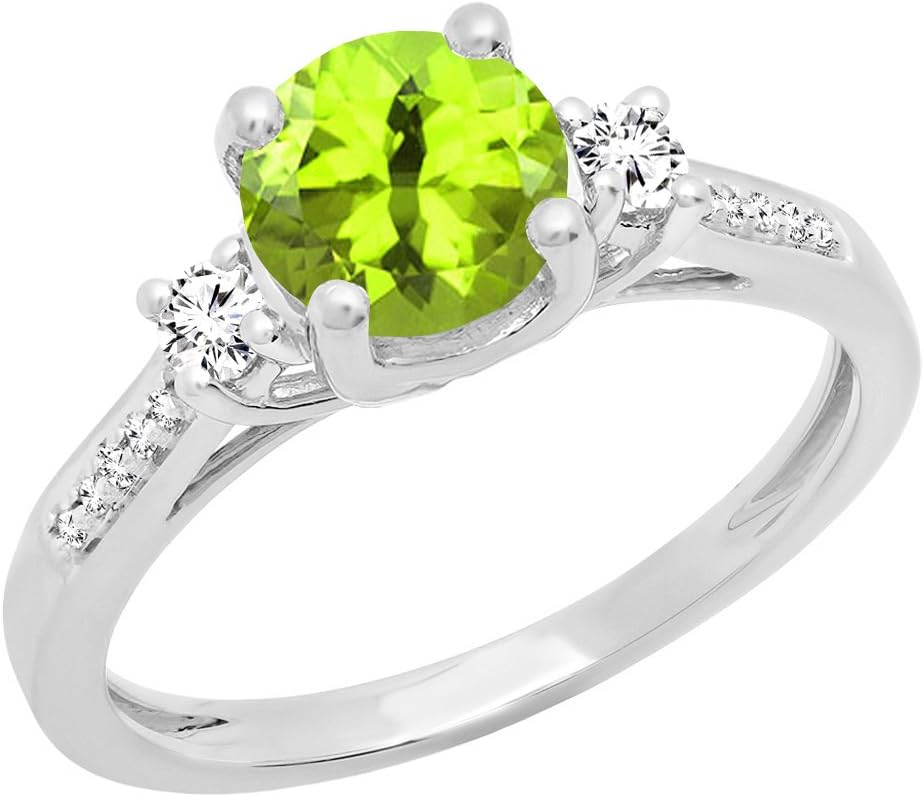 Dazzlingrock Collection 7mm Round Center Peridot & White Diamond 3 Stone Engagement Ring for Women in 18K Solid Gold