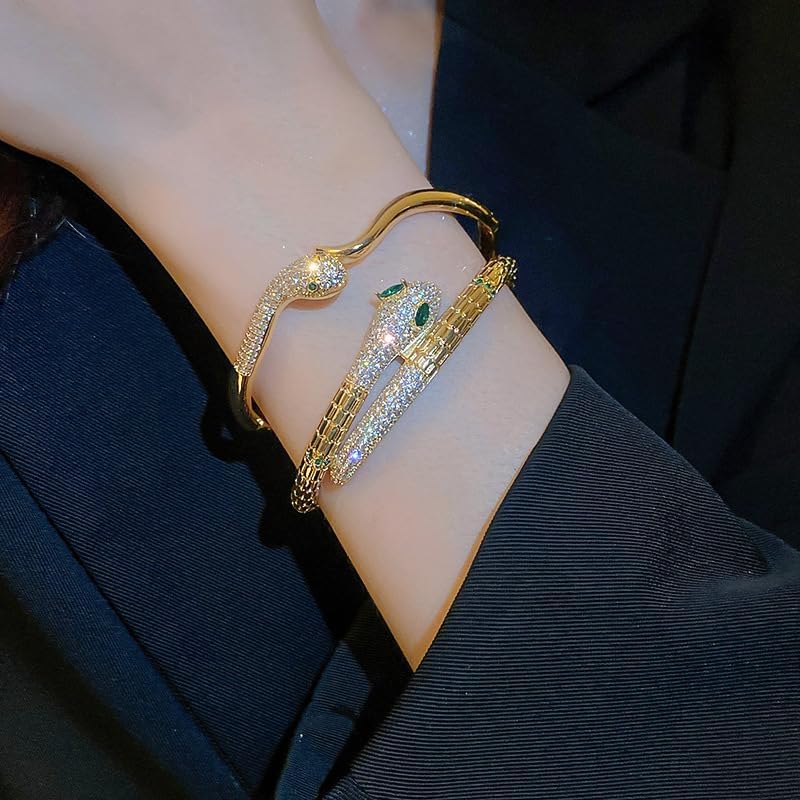 18K Gold Plated Snake Bracelet with Sparkly Cubic Zirconia Green-eyed Snake Bracelets Open Cuff Bangle Bracelets for Women - Image 8