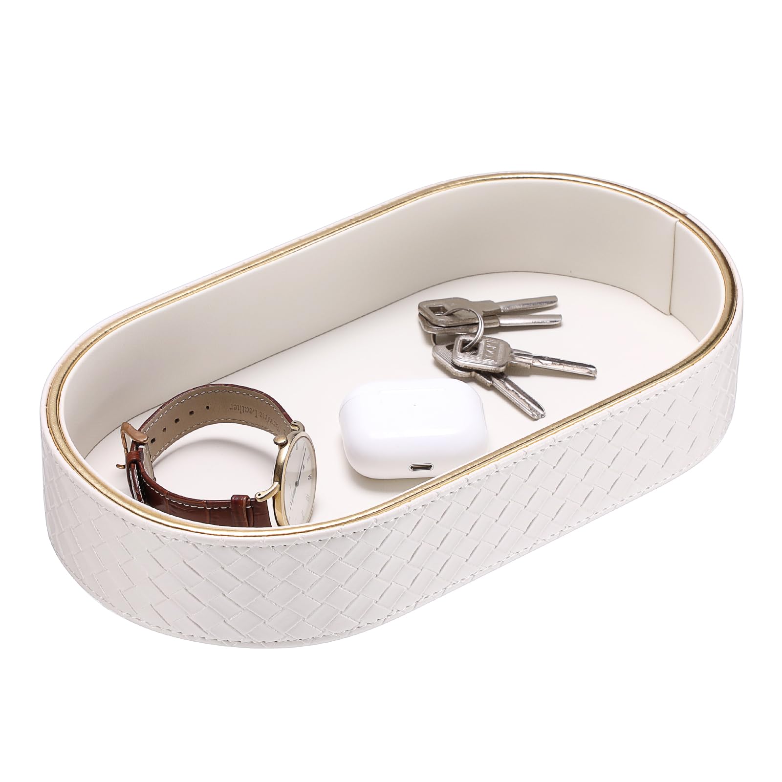 IGNPION Entryway Key Holder Tray, PU Leather Decorative Vanity Tray, White