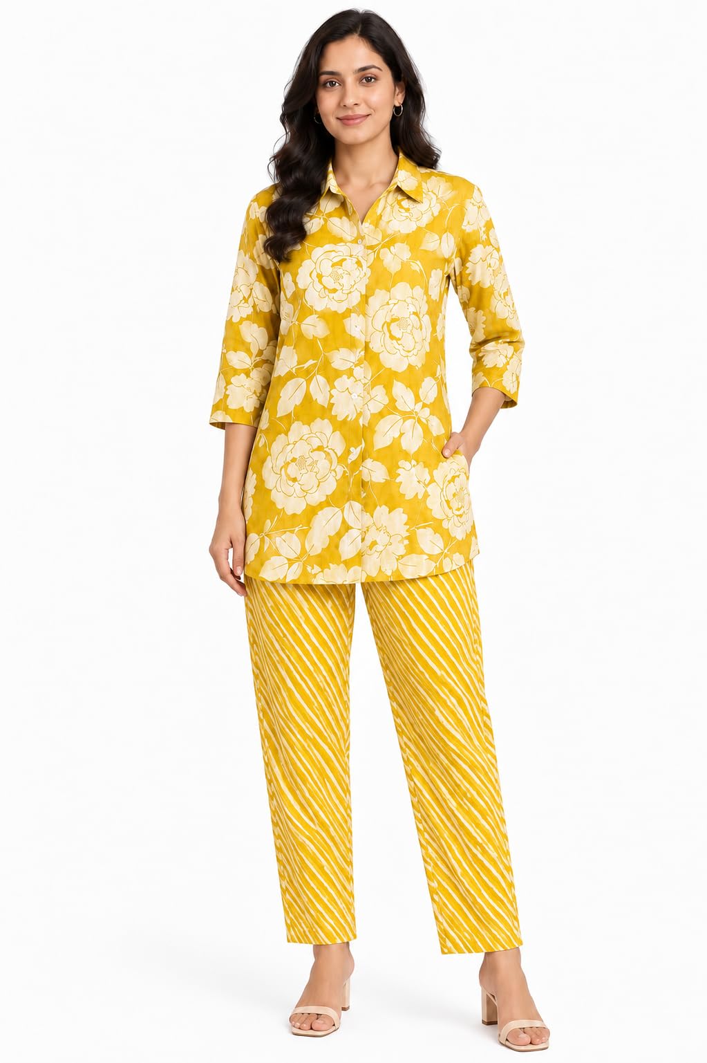 Women Yellow Floral Print Shirt and Striped Pants Co-ord Set-image-29