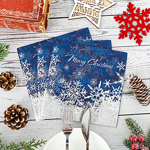 Whaline Christmas Paper Napkins Foil Silver Snowflake Cocktail Napkins 80 Pack Disposable Navy Blue White Party Beverage Napkins For Christmas New Year Winter Holiday Dinner Party Supplies, 6.5 X 6.5" #TOP4