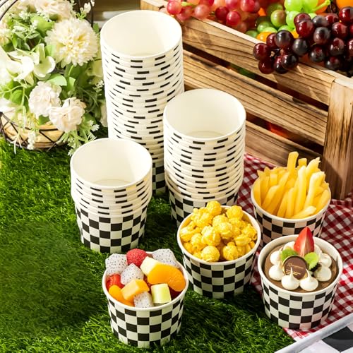 Image of Zopeal 50 Count Black and White Checkered Ice Cream Cups 9 oz Race Car | Disposable Dessert Bowls, Paper Ice Cream Bowls, Birthday Party Supplies, Snack Cups Sundae Picnic Yogurt Bowls for Food