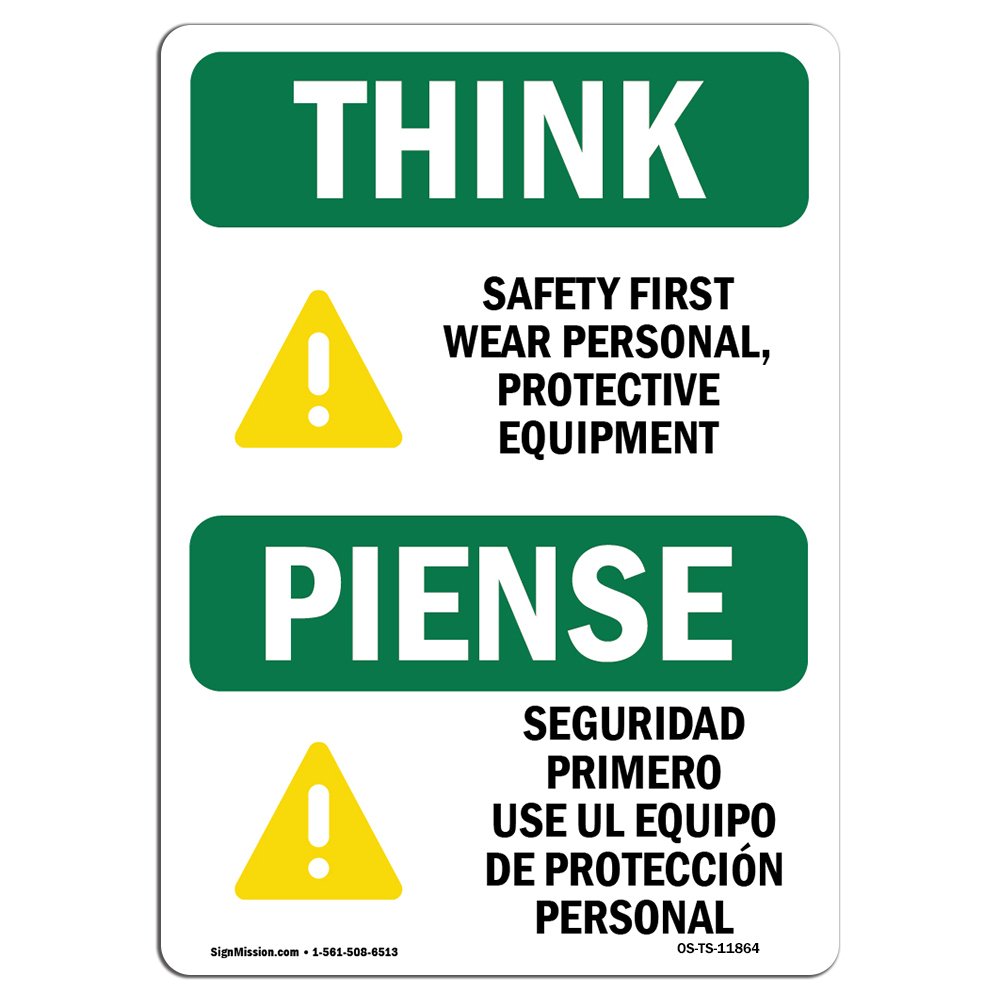 OSHA Think Sign - Wear PPE Symbol Bilingual | Vinyl Label Decal | Protect Your Business, Construction Site, Warehouse & Shop Area | Made in The USA