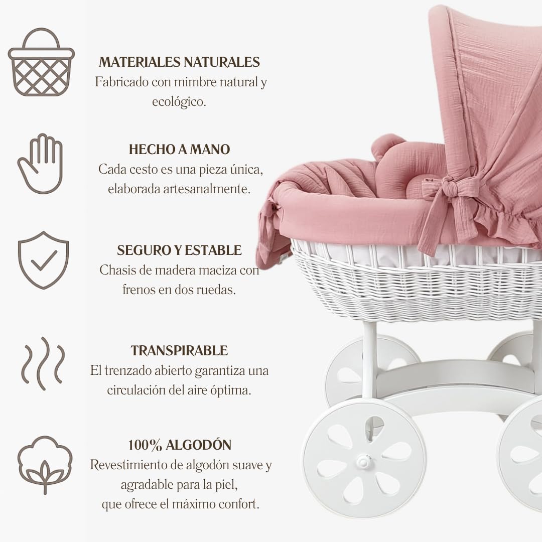 Wiklinopol Moisés de Mimbre para Bebé con Soporte de Madera y Ruedas Annabell – Cuna con Colchón y Ropa de Cama 5 Piezas Muselina Rosa – Cochecito Blanco para Recién Nacido