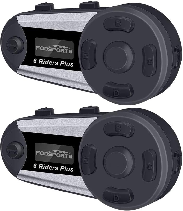 Fodsports V6 Plus Motorcycle Intercom Headset, Motorbike Bluetooth Intercom Headsets FM Radio Interphone, 1200M with OLED Screen Bluetooth Communication System For 6 Riders(2 Pack/Fixed/Soft Cable)