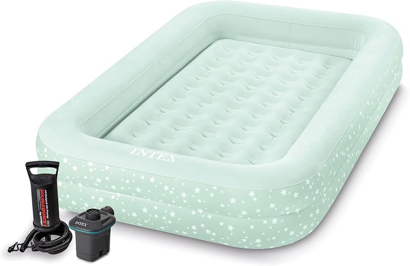 Colchón de aire de viaje para niños, juego de cama inflable con lados elevados y bomba de aire eléctrica de llenado rápido de 120V con 3 boquillas interconectadas