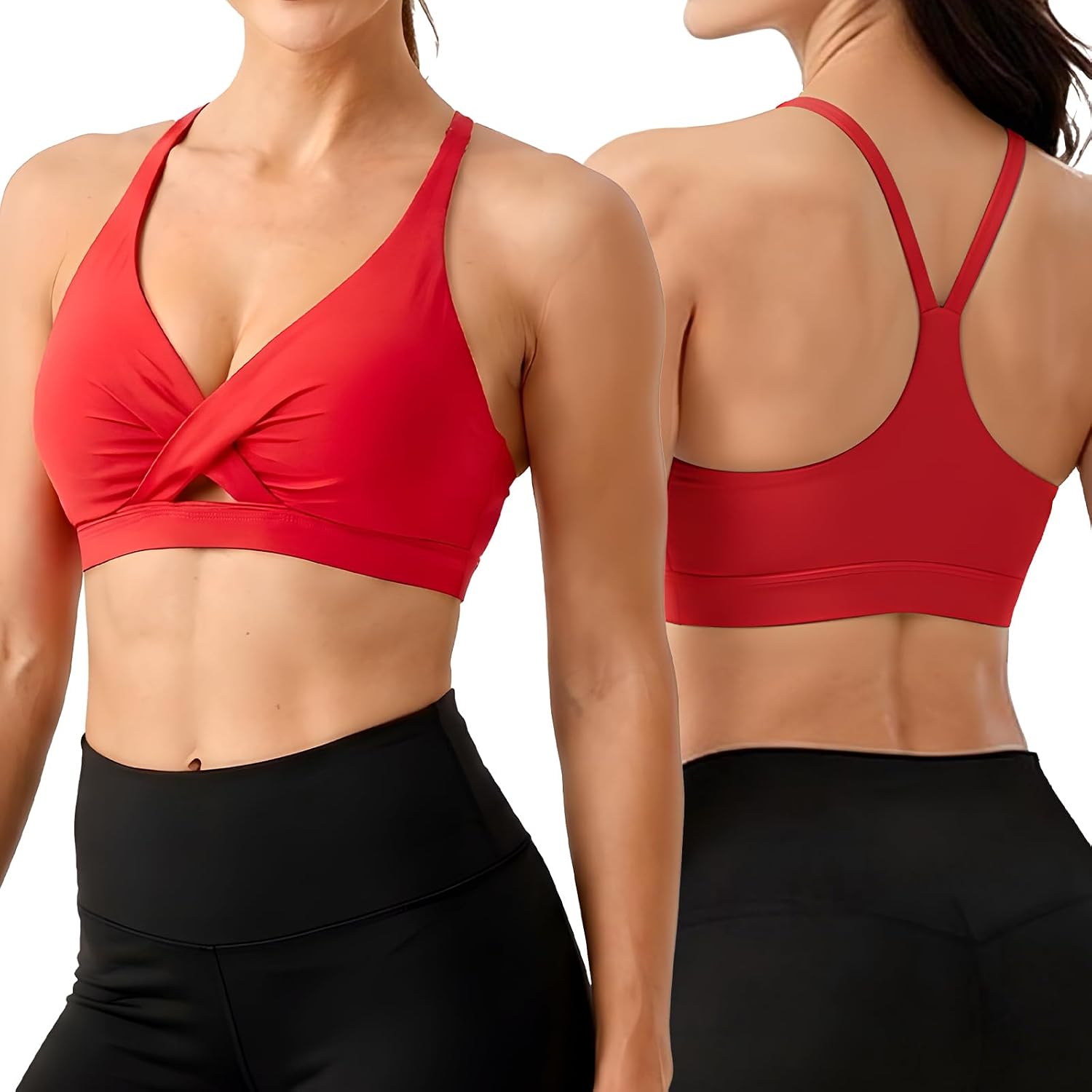 V Neck Sports Bras for Women Medium Support Yoga Tops Y Back Spaghetti Straps Workout Bra with Removable Cups