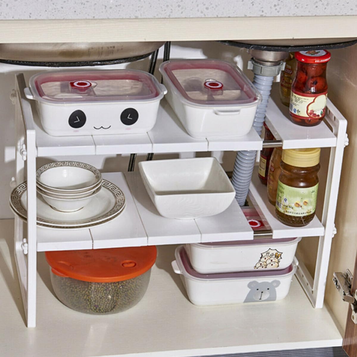 Organizador de Estantes de Acero Inoxidable y Plástico para Cocina, 2 Niveles 10 Estantes Extraíbles, Ahorro de Espacio y Fácil Instalación para Sala y Hogar