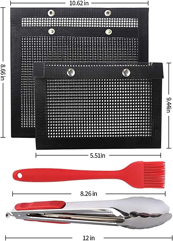 WSHA Reusable Mesh Baking Grilling Bag Heat-Resistant BBQ Bake Bags Non-Stick Barbecue Mat with Clip, Silicone Brushes, Easy to Clean,24x14cm