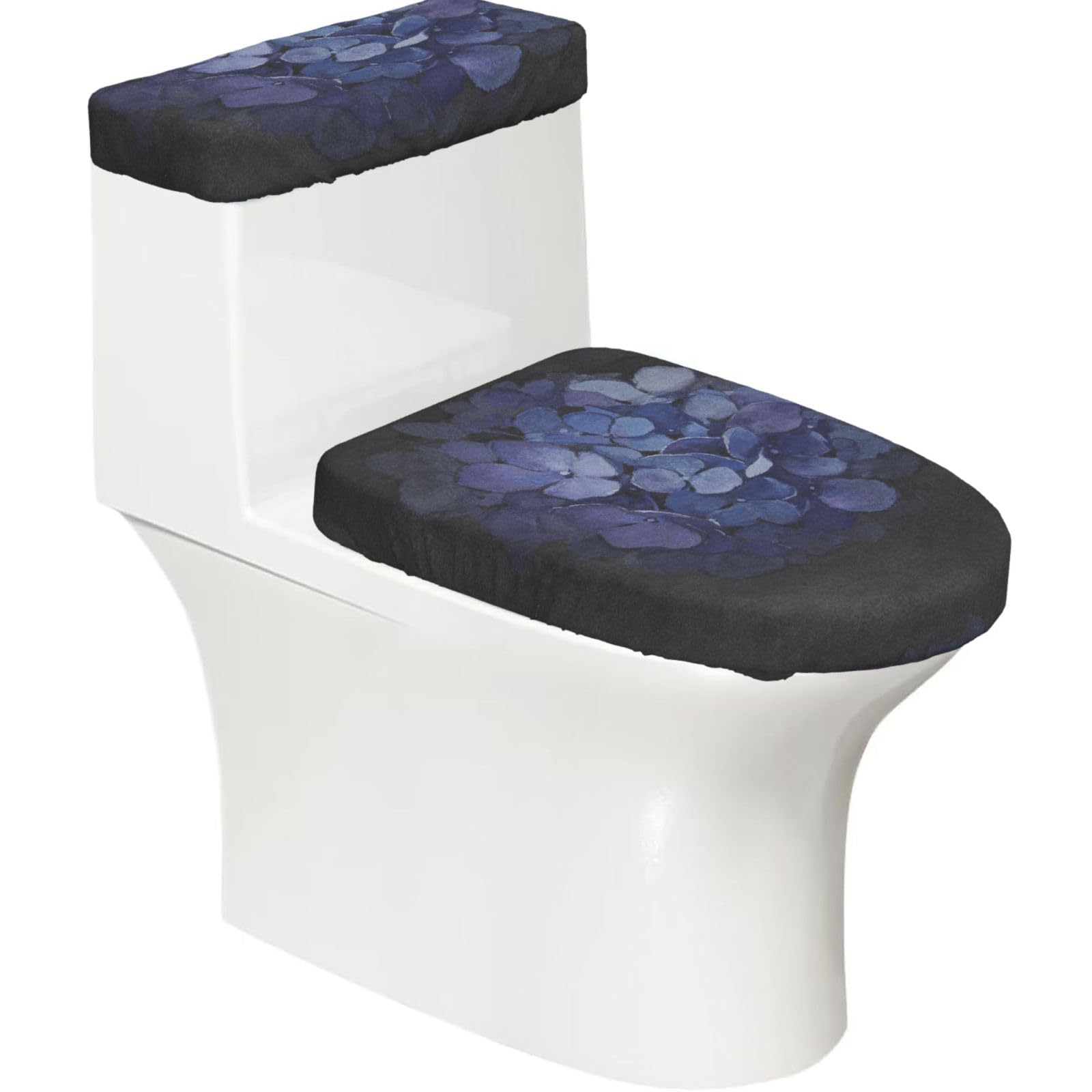 Cntdbu Black Dark Blue Bloom Stretchy Toilet Lid And Tank Cover Set-Soft Elastic Bathroom Decor For U Shape Oval