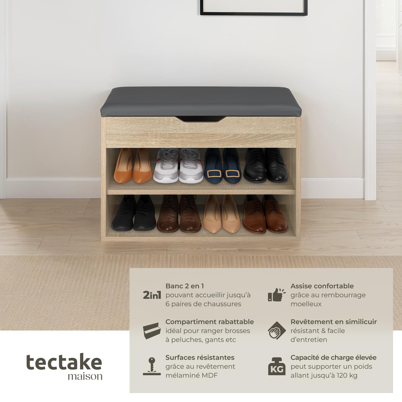 TecTake® Meuble Chaussures Meuble de Rangement Moderne Meuble d'entrée pour Max. 6 Paires 60x30x43,5 cm, Rangement Chaussures Gain de Place idéal Entrée, Chambre, Dressing Rangement Chaussure