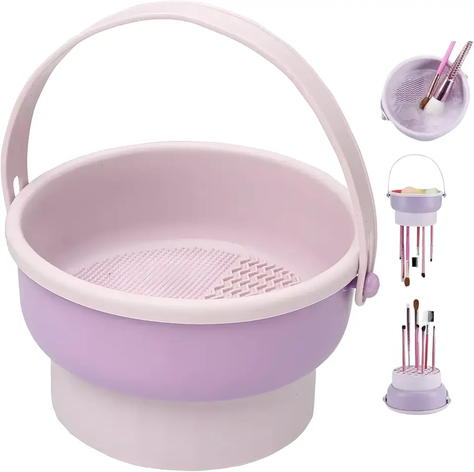 Limpador de Pincéis de Maquiagem em Silicone 3 em 1 I Lavador de Pincéis Dobrável com Alça I Limpeza e Secagem de Pincéis I Rosa e Lilás I Lene (Lilás)