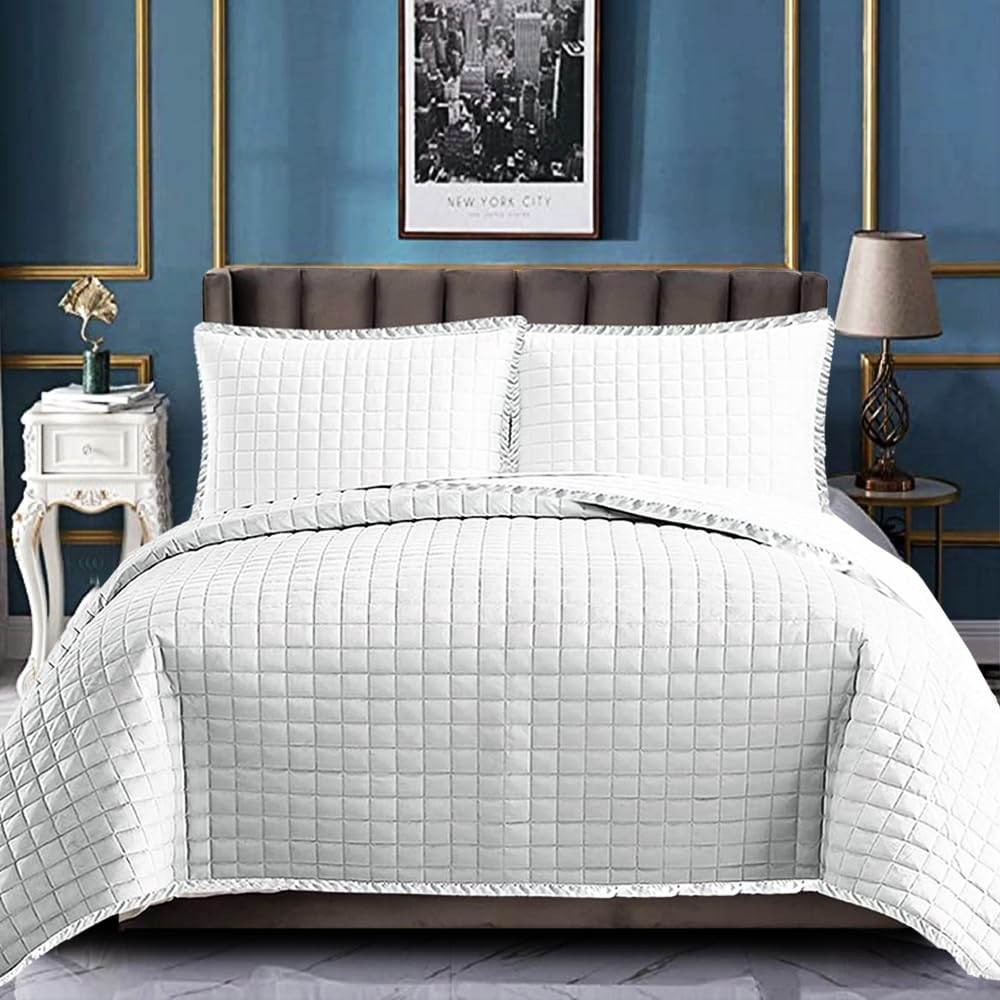 B&B Super King Size Warm Quilt Set - Luxury Quilted Bedspread Throw Lightweight Bed Decor Coverlet Set Comforter Bedding Cover for All Season Use - White
