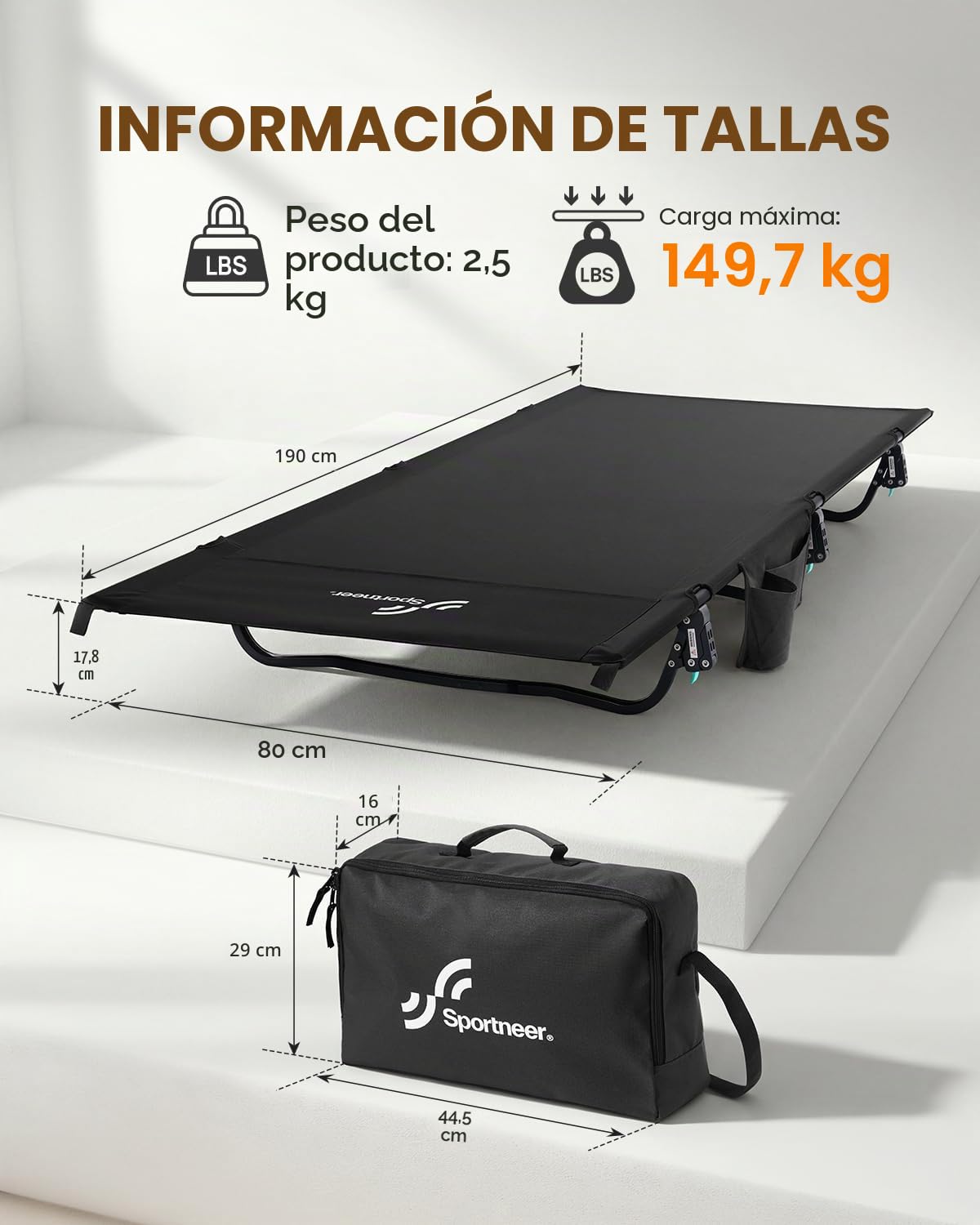 Sportneer Cama de campo plegable, 70/80cm Ultra Ancho XXL Cama de camping plegable, ligera, hasta 150kg para acampar, senderismo, viajes con mochila, camping