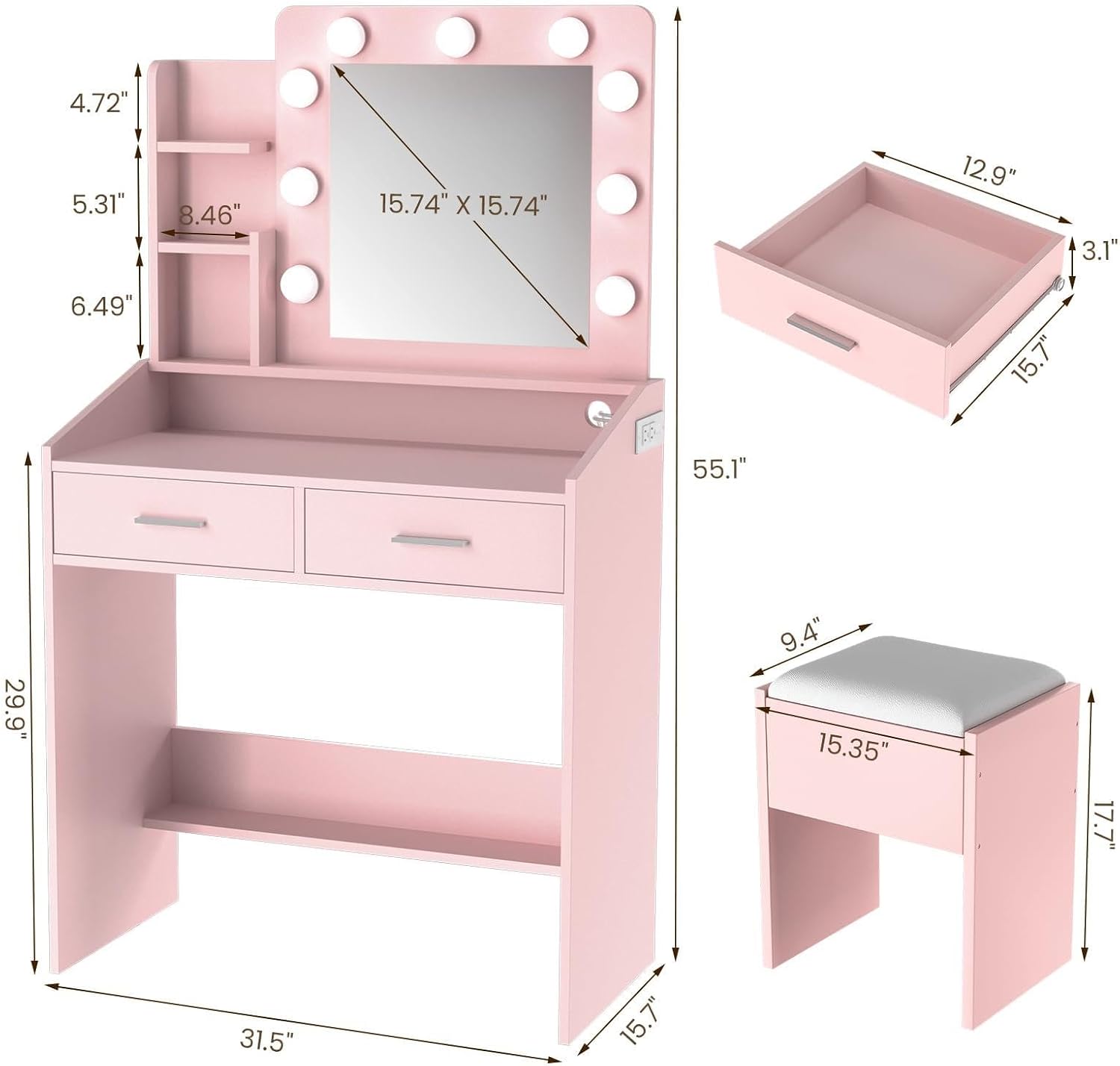 GarveeHome Vanity Desk with Mirror and Lights, Makeup Vanity with Power Outlet & Cushioned Stool, 3 Lighting Modes Adjustable Brightness, Dressing Table with Hairdryer Holder for Bedroom, Pink