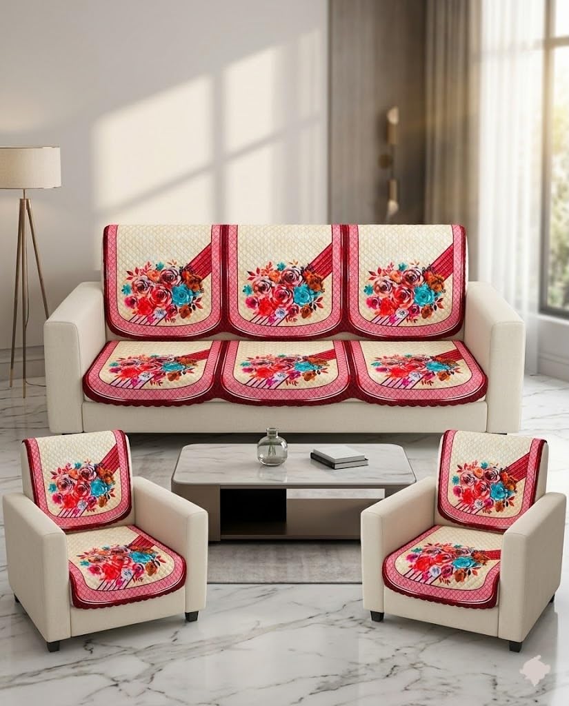 Quilted Floral Sofa Cover Set for 3+1+1 Seater, Anti-Slip Washable Furniture Protector, Designer Couch Cover for Living Room-image-37