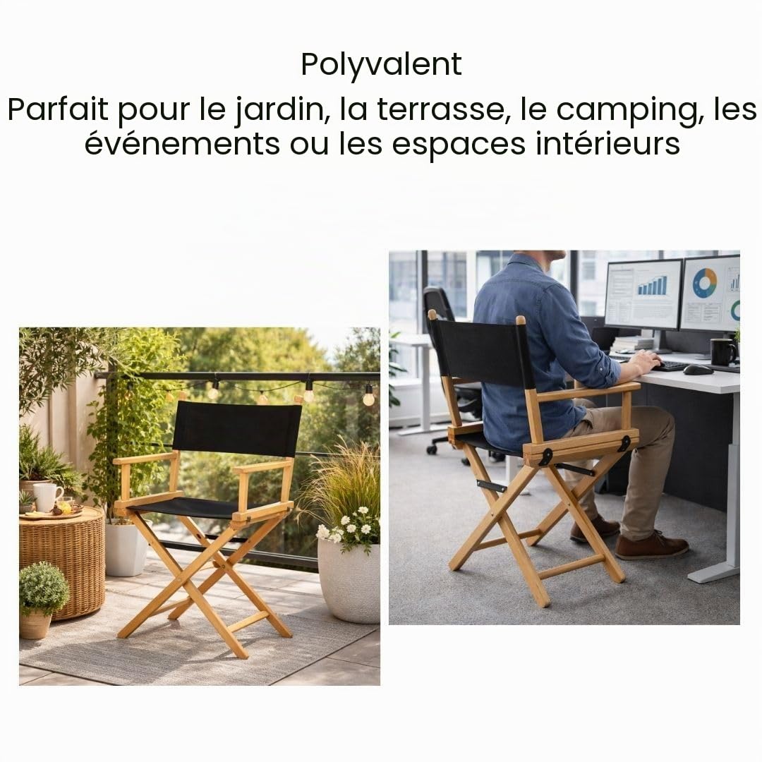 Chaise réalisateur en Bois de hêtre – Chaise Pliante avec Assise en Tissu Noir – Légère & compacte pour Jardin, Balcon, Camping