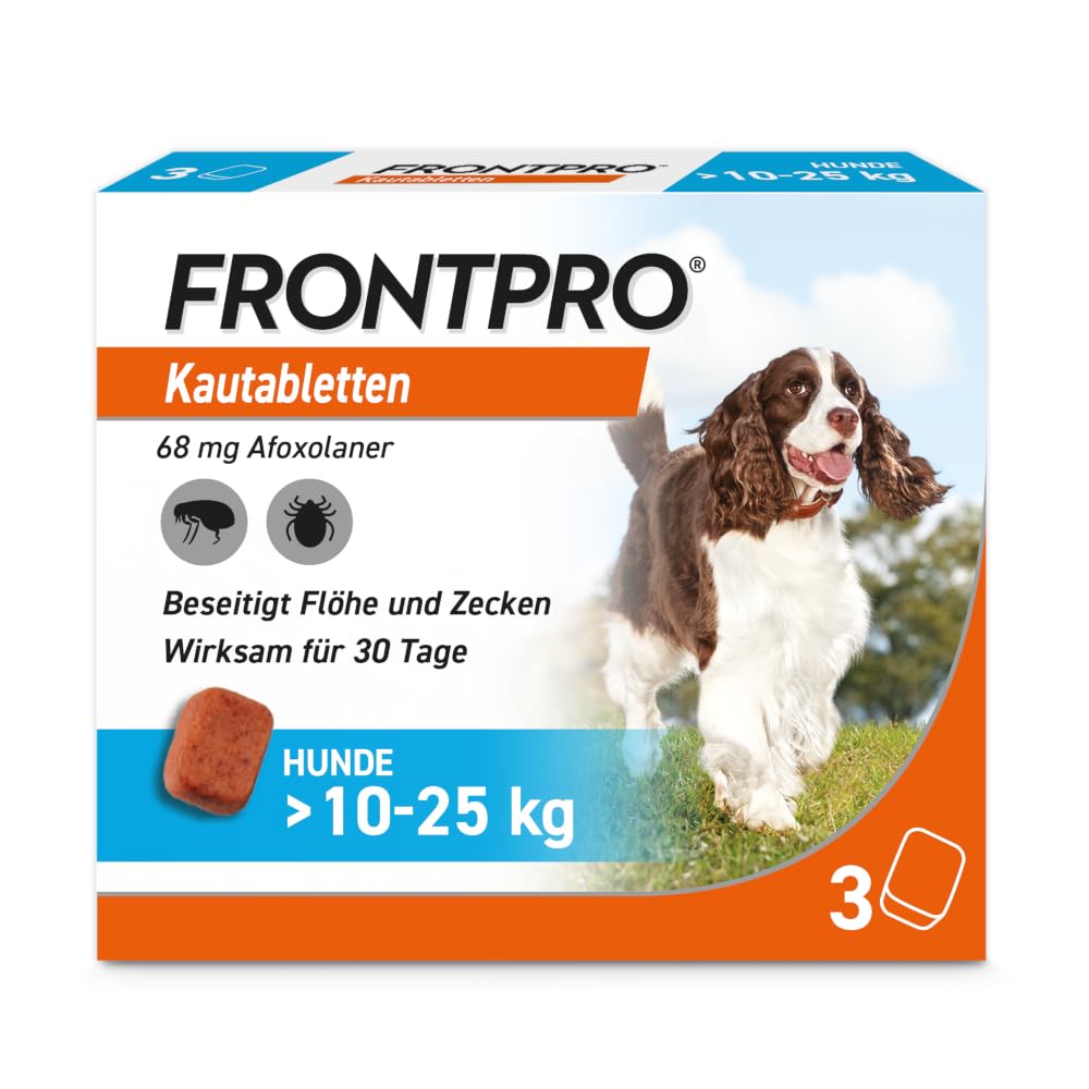 FRONTPRO Kautabletten für Hunde 10-25 kg 6-Monats-Set zum Schutz gegen Zecken und Flöhe mit Zeckenzange: Schützt bis zu 6 Monate