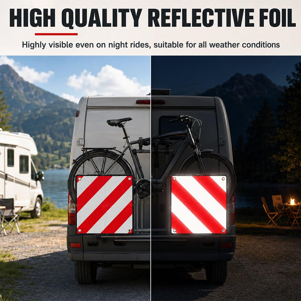 2Pcs Señal de Advertencia, ZMCVOE 2 en 1 Señal Reflectante de Advertencia Italia y España, Placa V20 Homologada para Portabicicletas, Remolques Traseros y Caravanas (50x50cm)