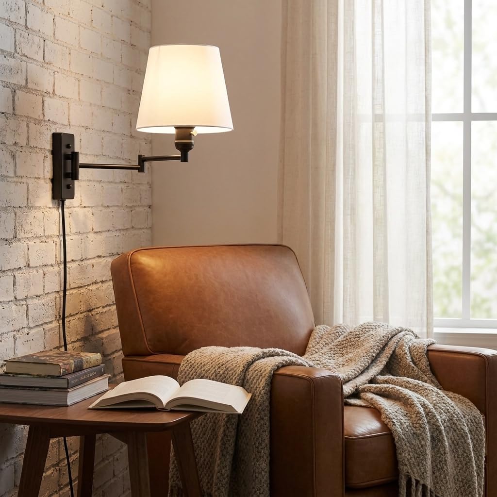 B·LED BARCELONA LED BarcelonaLED Wandleuchte mit Gelenkarm, nordisches Schwarz, modern, mit Steckerkabel und Schalter, Stoffschirm, weiß, E27-Fassung für Lesen Schlafzimmer Nachttisch Hotel