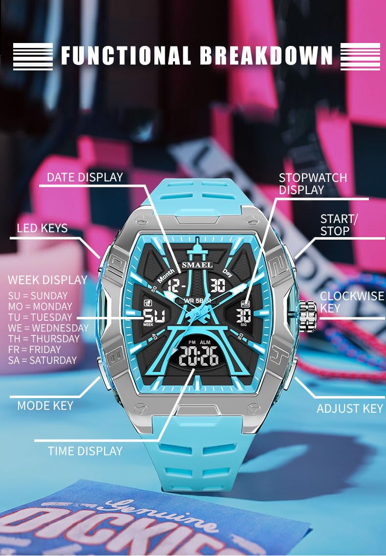 Gosasa Tonneau - Reloj deportivo analógico digital para hombre, resistente al agua hasta 50 m, reloj de pulsera de gran tamaño con retroiluminación LED, cronómetro, alarma, visualización de fecha y