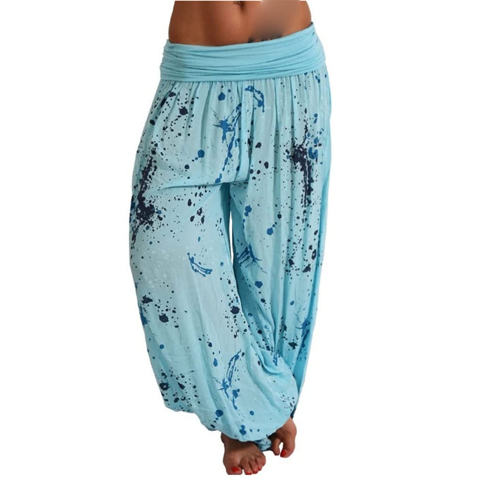 Maiyifu-GJ Women's Printed Wide Leg Palazzo Pants Loose Fit Casual Beach Harem Trousers Summer Soft Baggy Lounge Pant (Light Blue,3X-Large)
