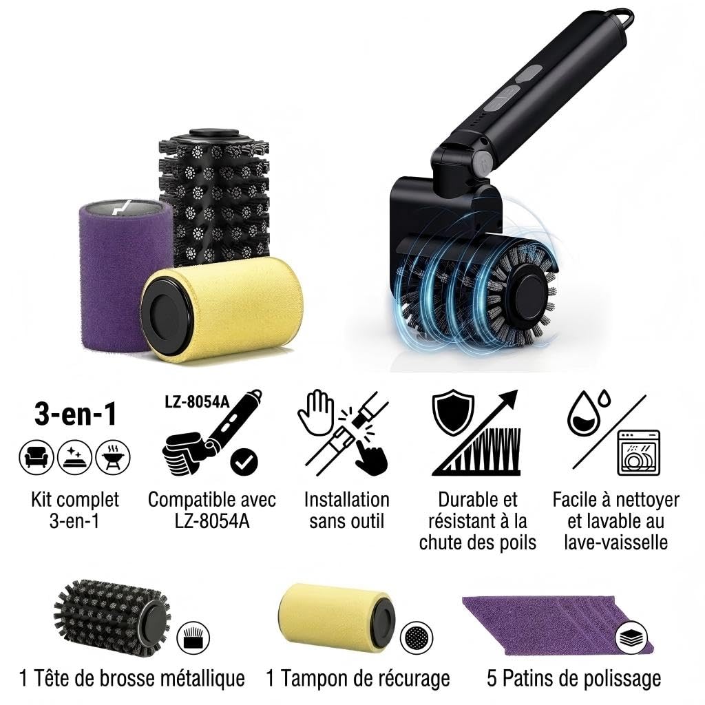 Têtes de Rechange pour Brosse de Barbecue électrique – Comprend Une tête de Brosse métallique en Acier Inoxydable, Un Tampon de Polissage et Un Tampon à récurer – Compatible avec Le modèle LZ-8054A