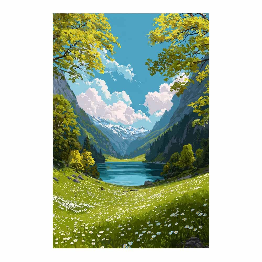 HOQIU Vintage wall art Mountainse Lake DaisiesMeadow decorative painting, wall art, for Living Room Bathroom Bedroom Kitchen Decoration.(Multicolor)-40x60cm Unframed