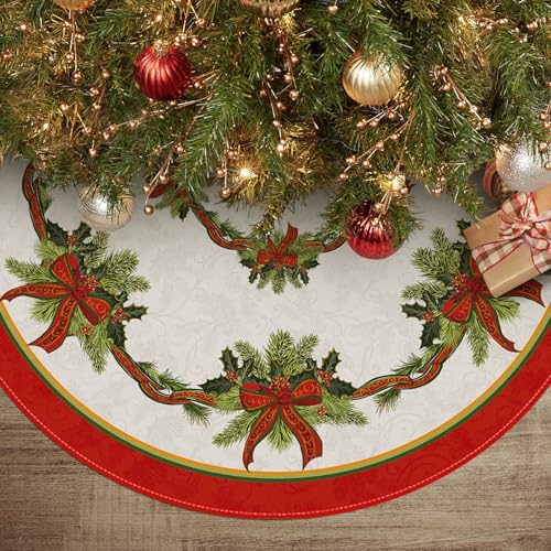 AVOIN colorlife Christmas Tree Skirt 48 Inch, Christmas Ribbon Holly Winter Holiday Tree Mat