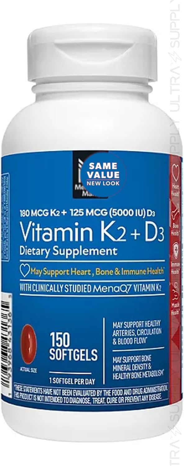 Members Mark Vitamin K2 + D3 (150 Count.) Softgels, 180 mcg & 125 mcg (5000 IU) | Bone, Heart & Immune Health Support, with MenaQ7 MK-7