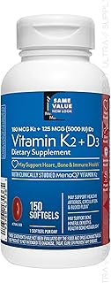 Members Mark Vitamin K2 + D3 (150 Count.) Softgels, 180 mcg & 125 mcg (5000 IU) | Bone, Heart & Immune Health Support, with MenaQ7 MK-7