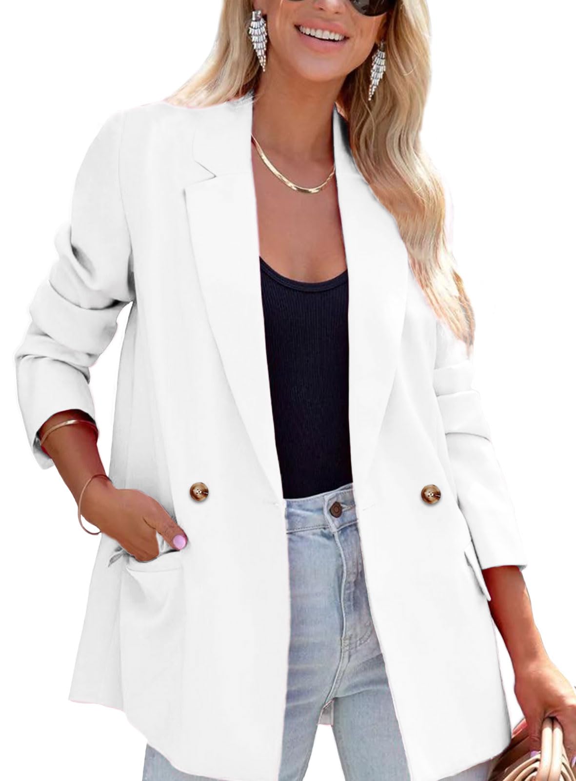 Womens Casual Blazer Button Lapel Long Sleeve Work Business Fashion Blazers Jackets Outfits with Pockets