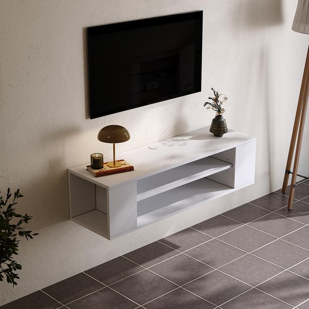 Floating TV Unit Wall Mounted TV Unit with Router and Cable Holes Media Wall Units for Living Room(White, 100cm)