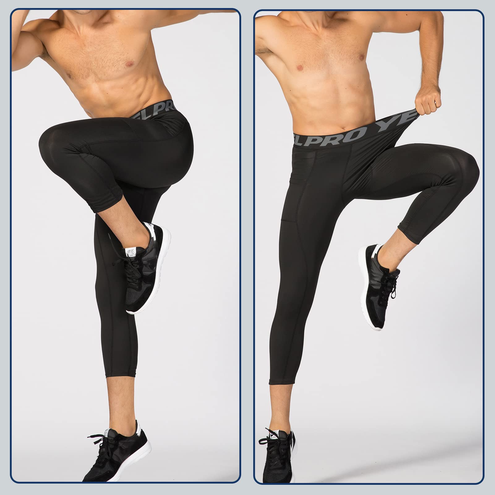 3 Pezzi Leggings a Compressione Uomo 3/4 Calzamaglie Sportive Pantaloni Base Layer Tights con Tasche