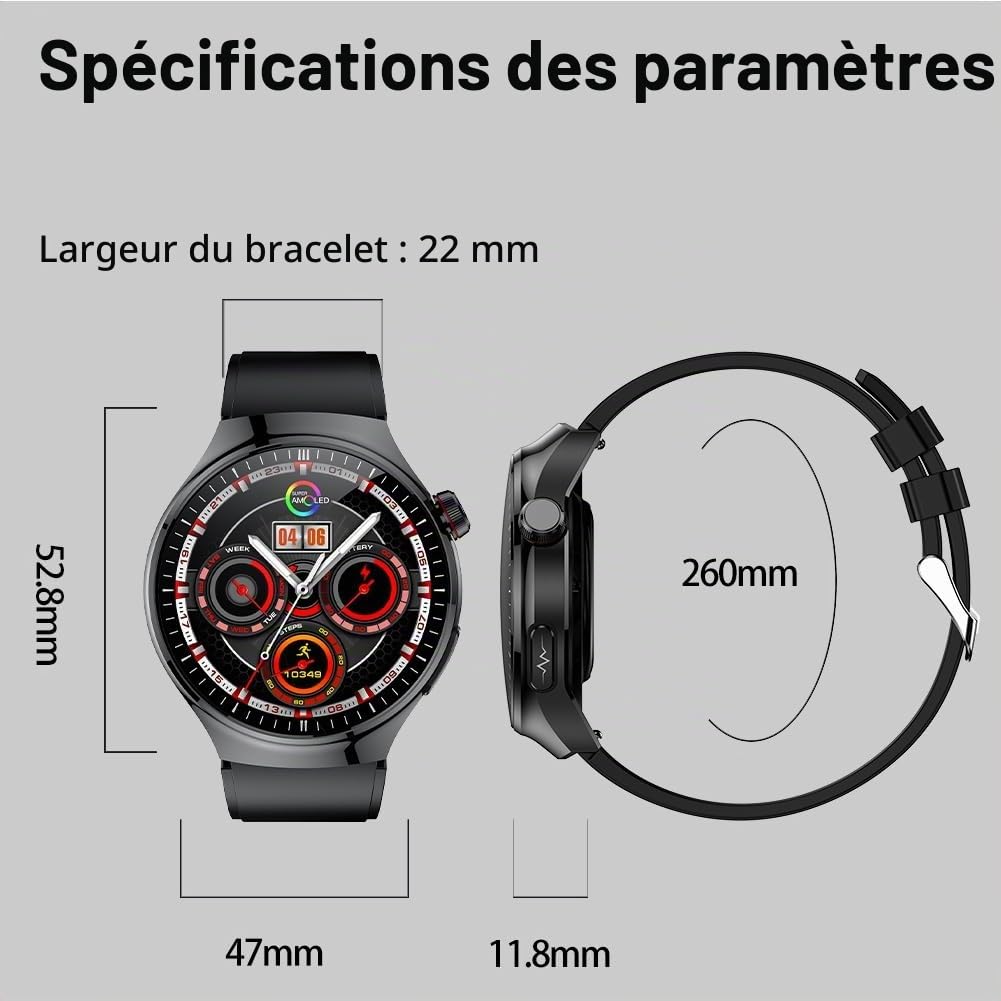 Montre Connectée ECG Homme, 1,43" AMOLED Montre Intelligente pour Composer Répondre aux Appels, Smartwatch avec SpO2 Fréquence Cardiaque, Message Notification pour Android iOS