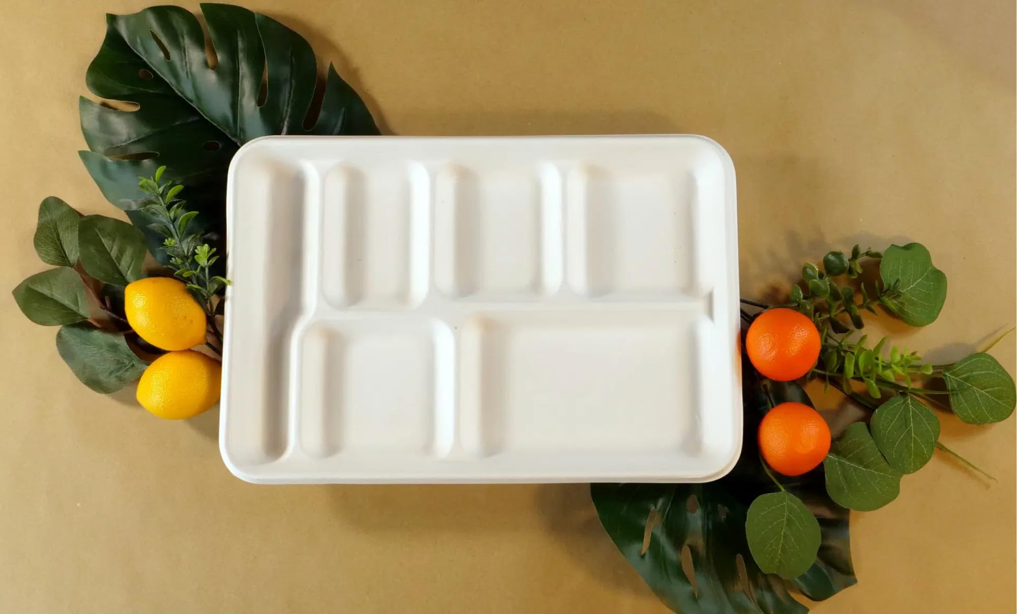 HARSHU - Platos de caña de azúcar de 6 compartimentos, paquete de 25, platos desechables ecológicos, vajilla biodegradable y compostable para fiestas, eventos y catering