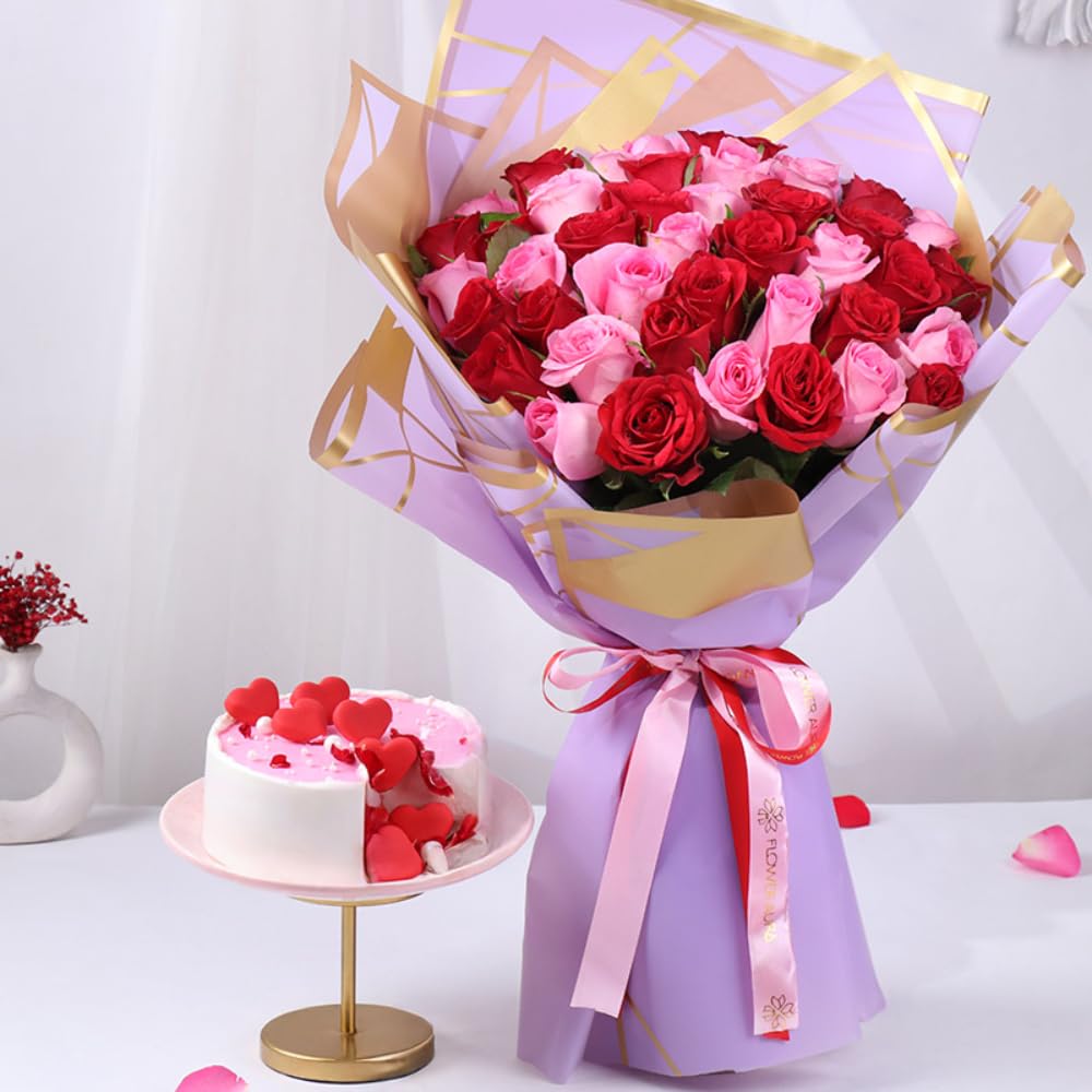 FlowerAura Love Combo of Fresh 40 Red & Pink Roses Flower Bouquet With Chocolate Cake For Birthday | Anniversary | Valentine's Day Gift For Girlfriend, Boyfriend, Husband & Wife (Same Day Delivery)-image-35